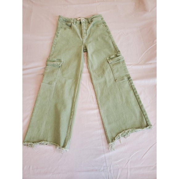 RISEN JEANS Women Size 11 Sage Green Wide Leg Cargo High Rise Distressed Hem - Picture 14 of 16